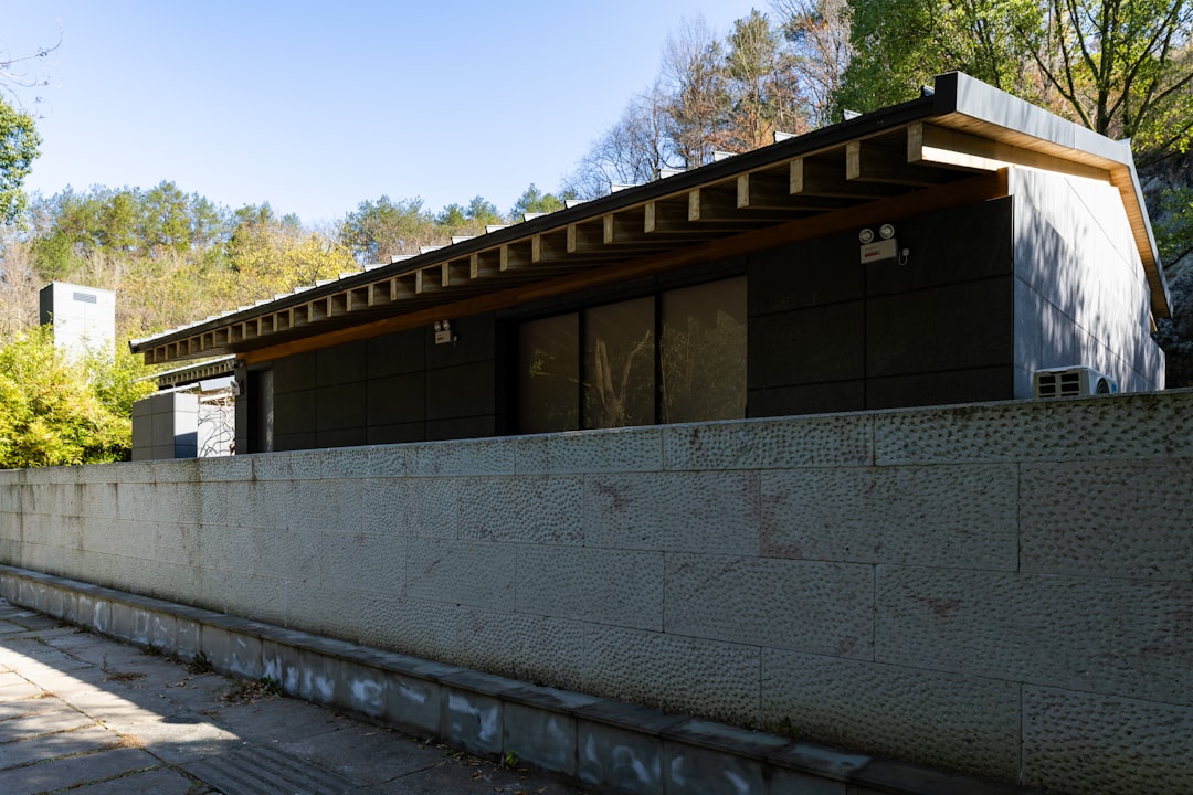 Modern Building with Sloped Roof Modern house with a long, sloping roof and stone wall.