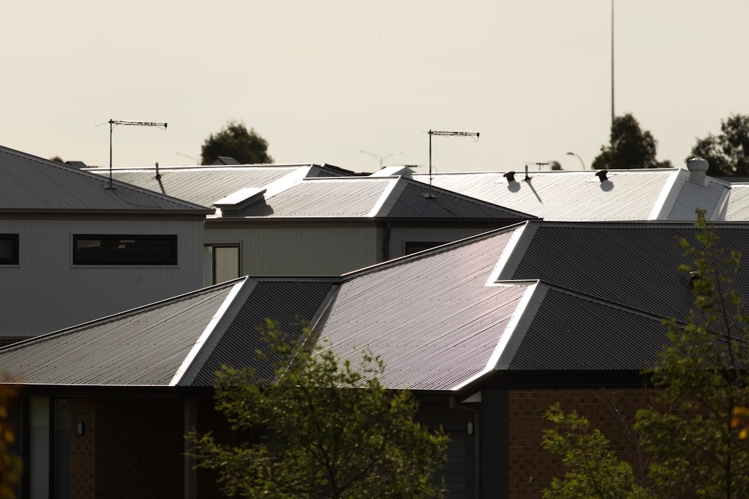 Row of Modern Houses with Metal Roofs Here is a short caption: roofs of houses in daytime light.