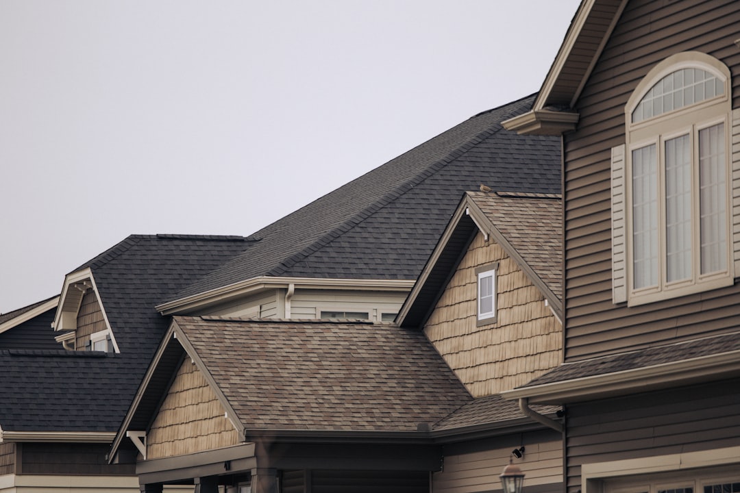 Suburban Houses with Gable Roofs a row of houses with brown shingles and white windows