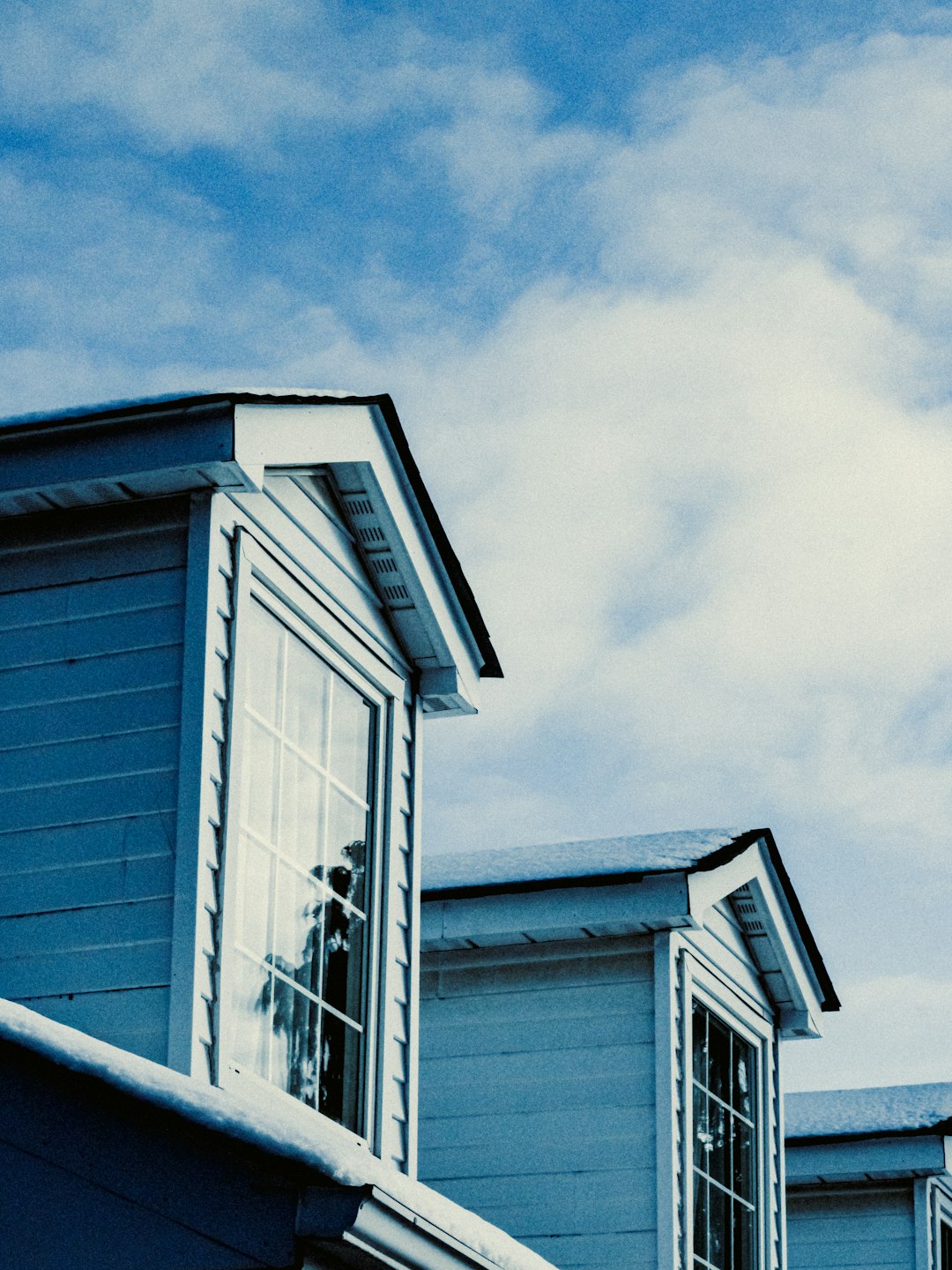 Blue houses with dormer windows under a cloudy sky