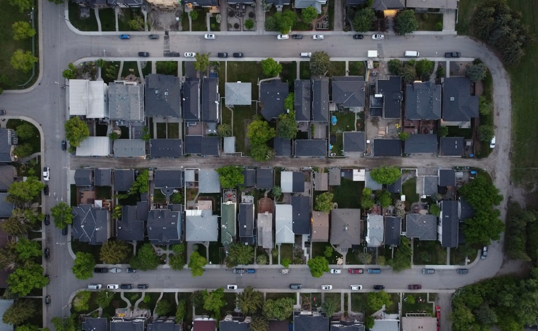 Suburban Neighborhood Aerial View Aerial view of a suburban neighborhood with houses and streets.