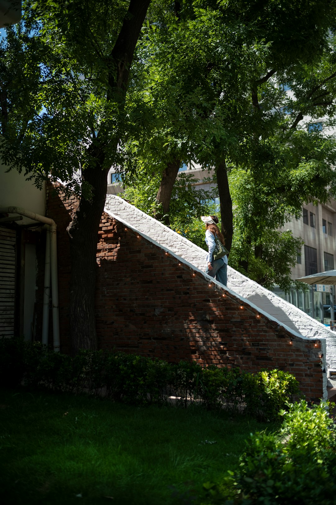 A person walking up a set of stairs