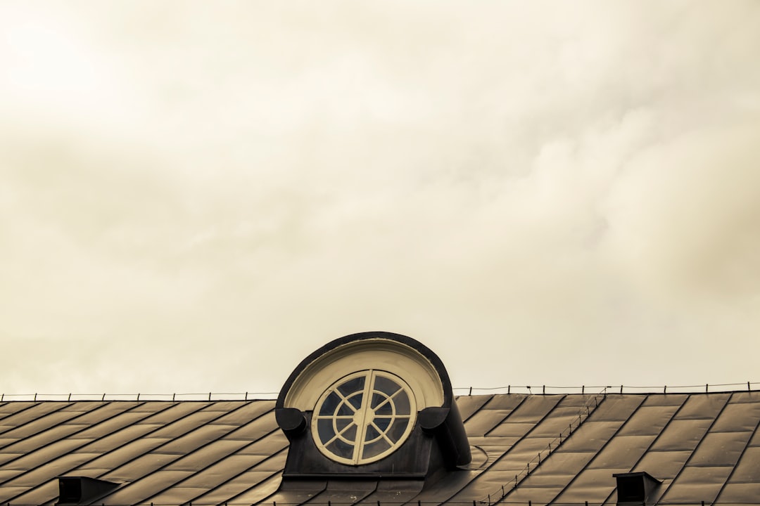 Sloped metal roof with a circular arched dormer