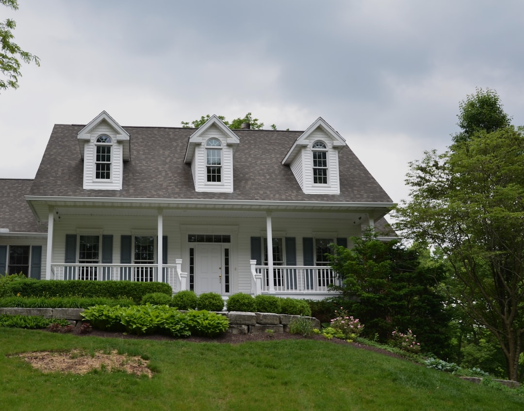 202f638809f842099525bbca5268c54c a white house with a gray roof and white shutters