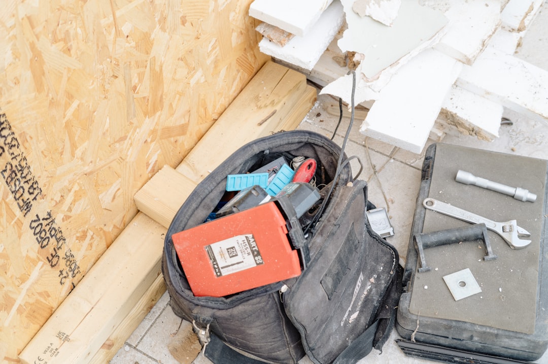 Construction tools in bag and on toolbox