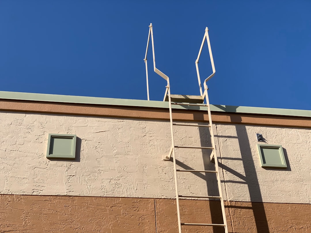 5cbf7f11e9384343b8d06346acd0b130 a ladder leaning against a building with two windows