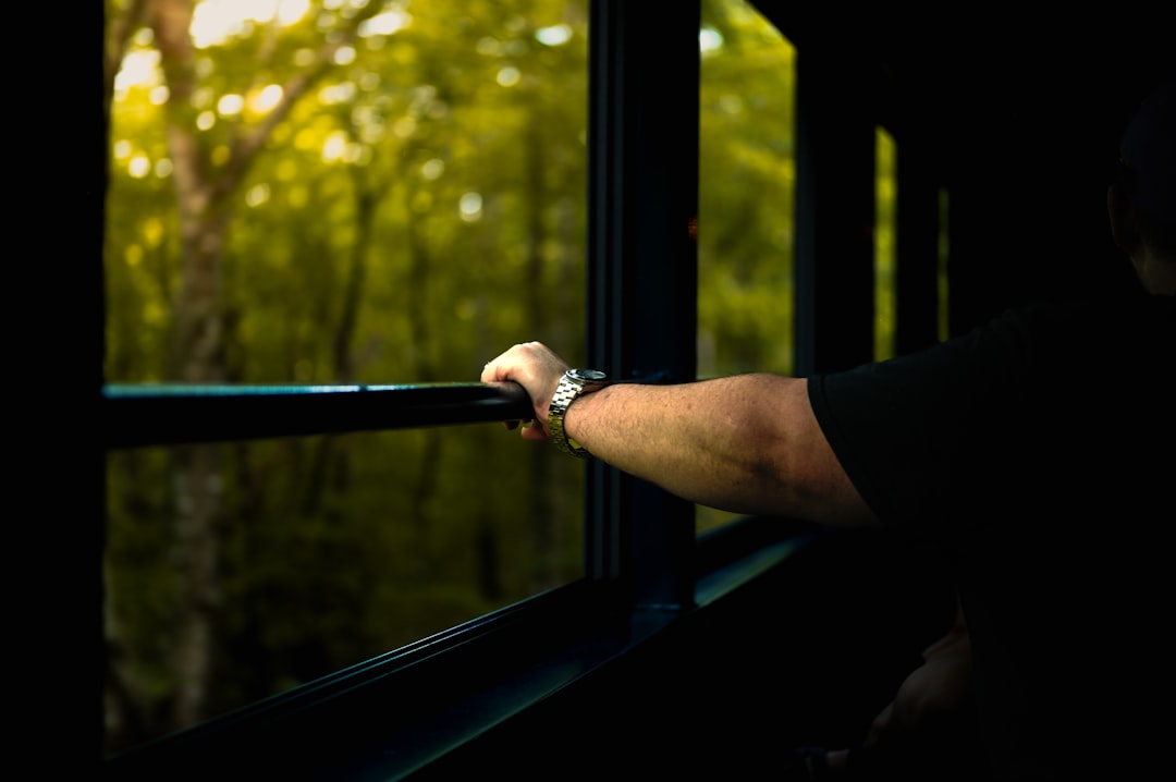Person holding onto a train window looking out
