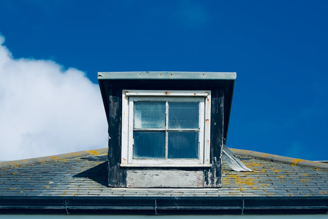 97f09e67155044988046ac43b6e7d272 A dormer window sits upon a slate roof.