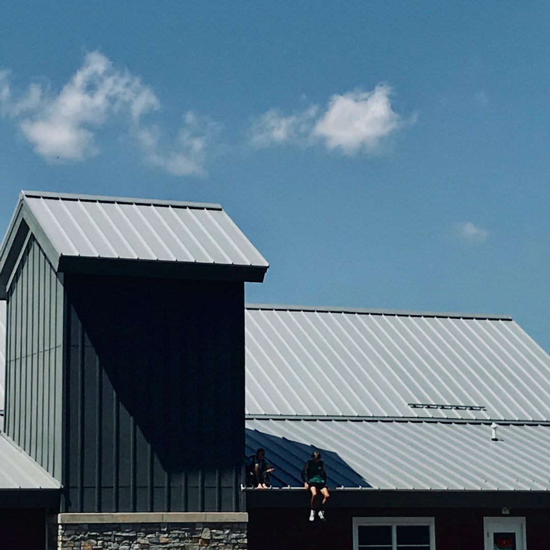 Two people sitting on the edge of a lower metal roof section of a building
