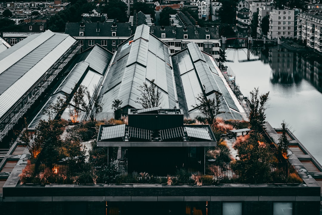 an aerial view of a building in a city