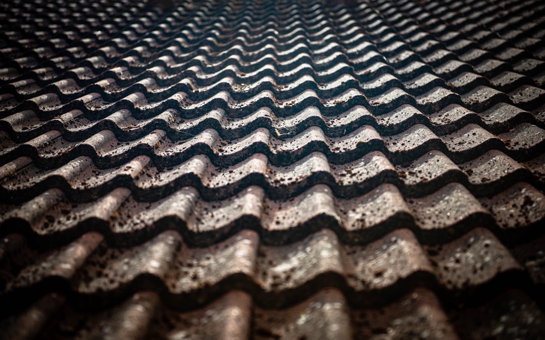 d2fde8e2913745e3abbe16509413be38 Weathered brown clay roof tiles with a wavy pattern and dark shadows