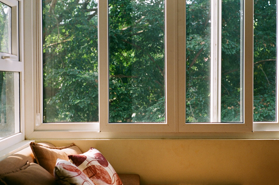 Cushions on a sofa by a window overlooking trees