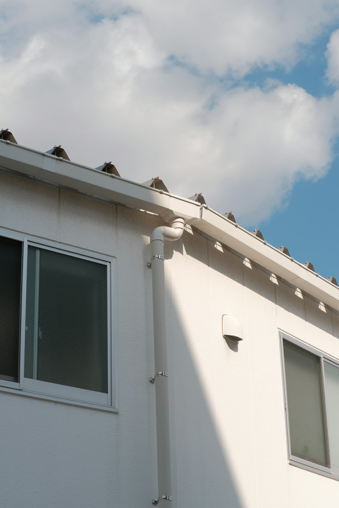 a white building with birds perched on the roof