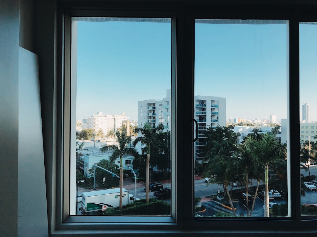 ea1e639e7f95447b91931977b5406efd A view of a city street with palm trees through a window