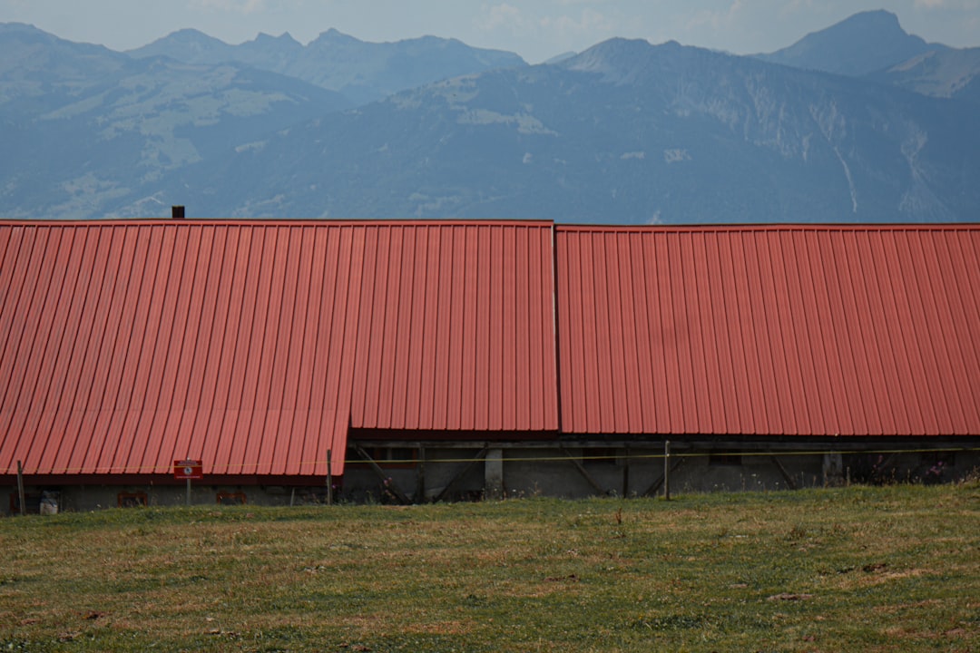 A long red metal roof on a building before distant blue mountain peaks