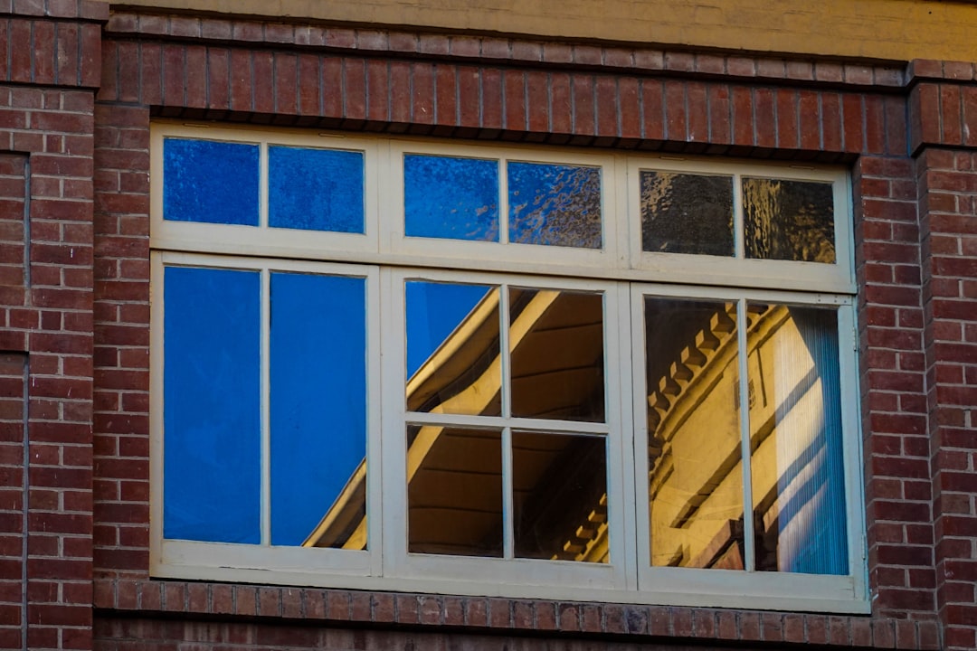 the reflection of a building in a window
