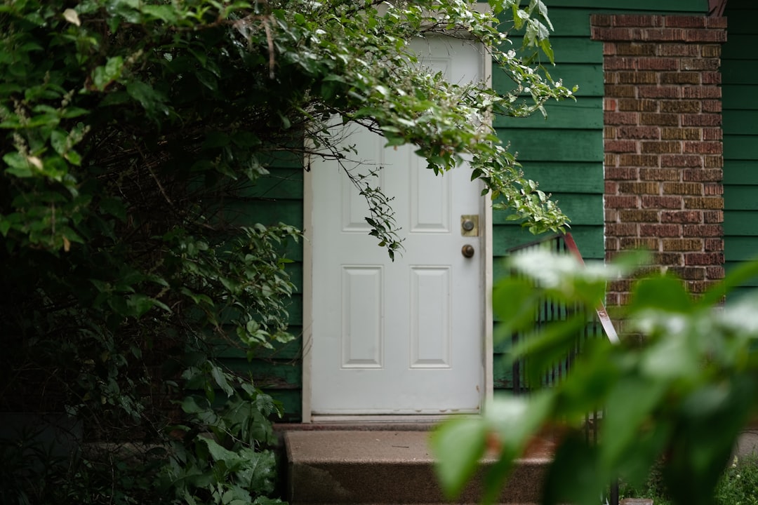 White door on a green house obscured by green foliage