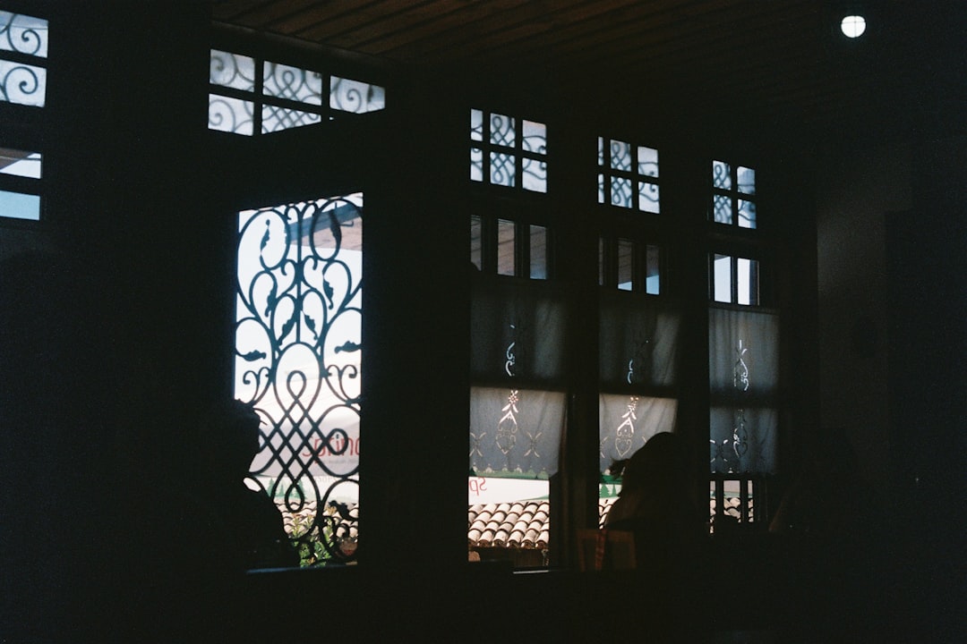 Silhouettes seen through ornate window grilles