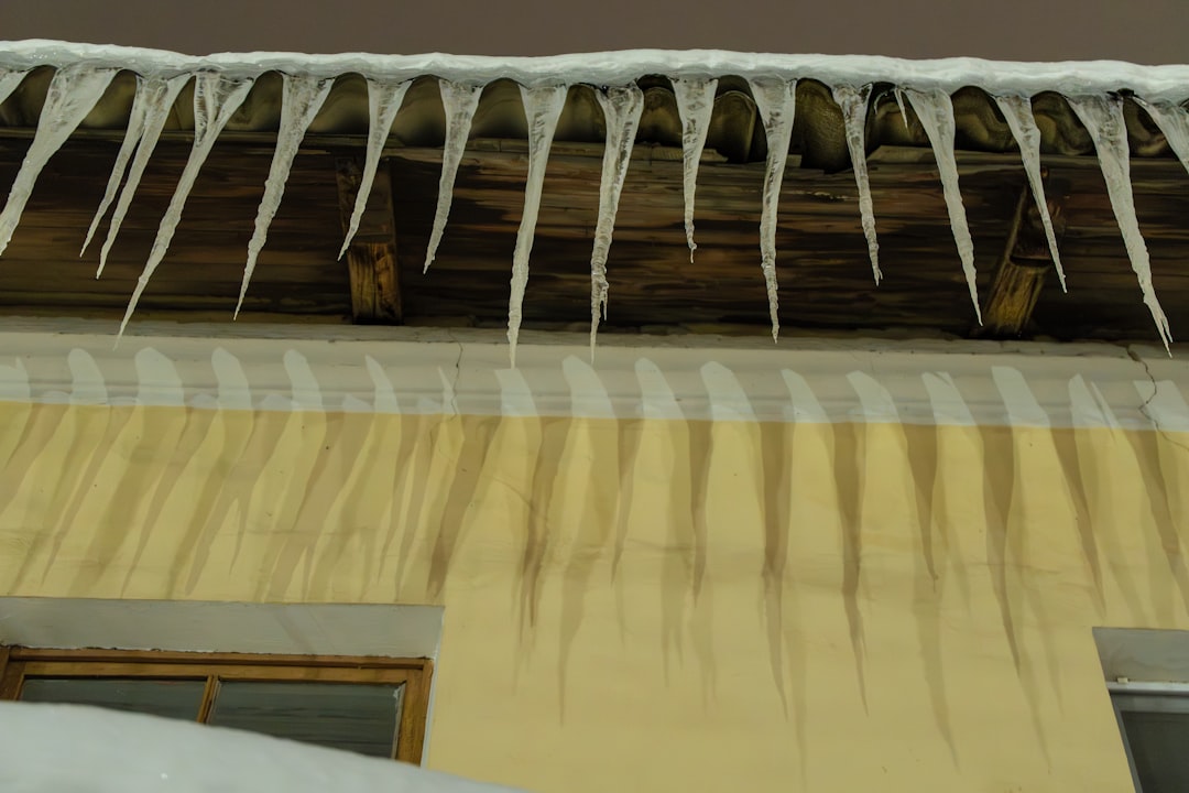 Icicles hanging from a wooden roof edge