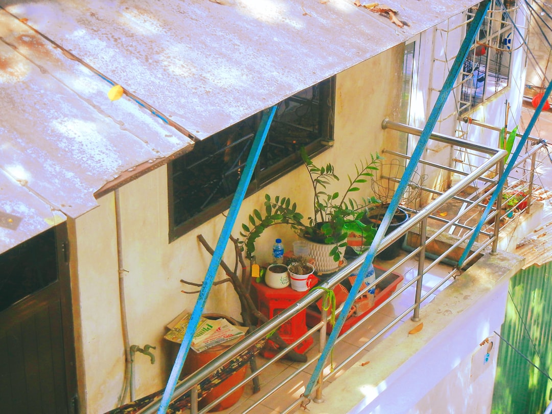 Balcony with potted plants and metal railing