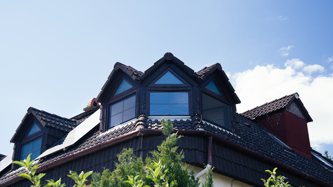 A dark tiled roof with multiple dormer windows against a clear blue sky