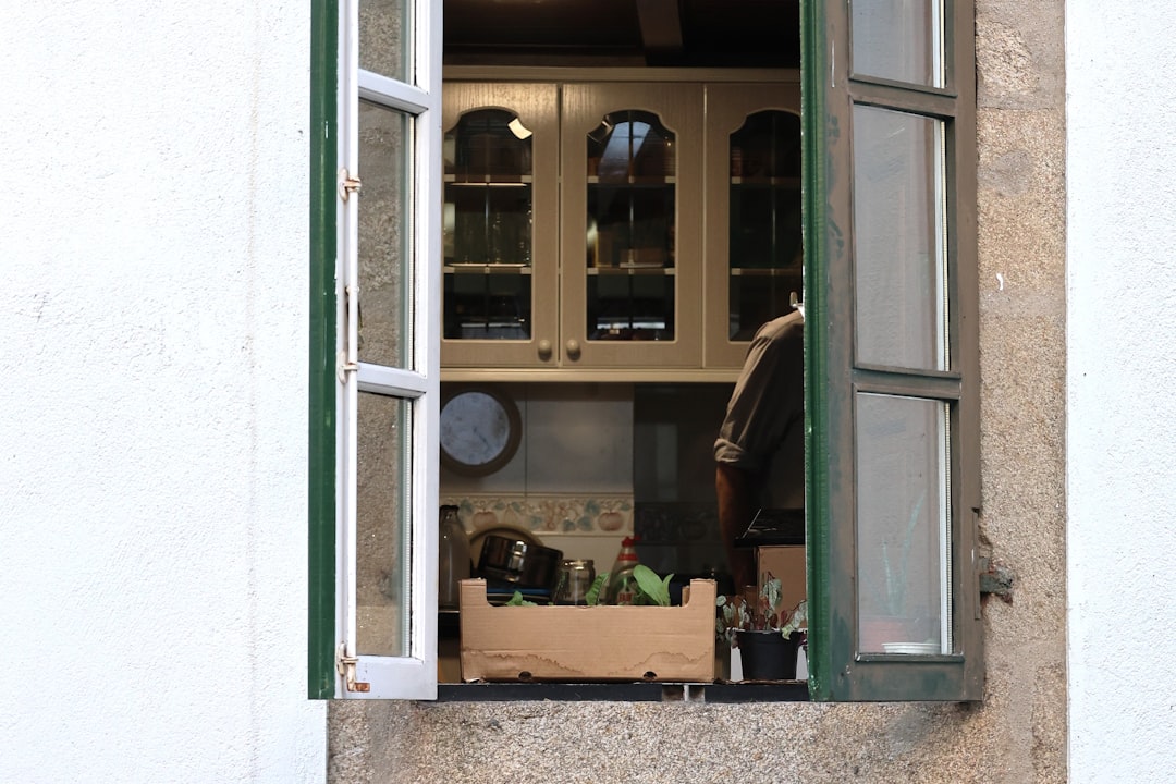 View into a kitchen through an open window