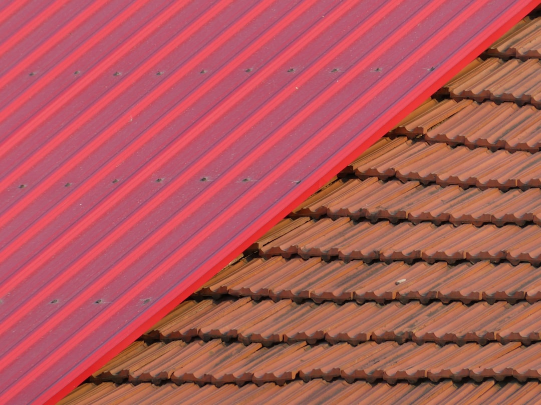 c06ec5a830334adf9b0fd8eac5d5a476 A bright red corrugated metal roof beside a brown clay tiled roof