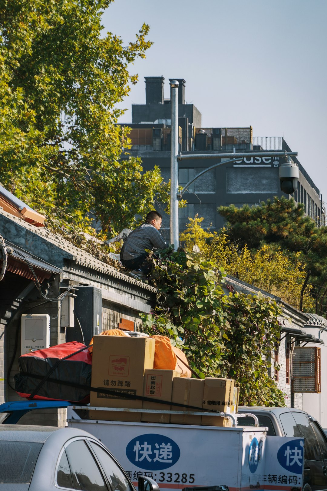 db2fd556eb7043358bfac05960f85faf Man working on a rooftop surrounded by greenery