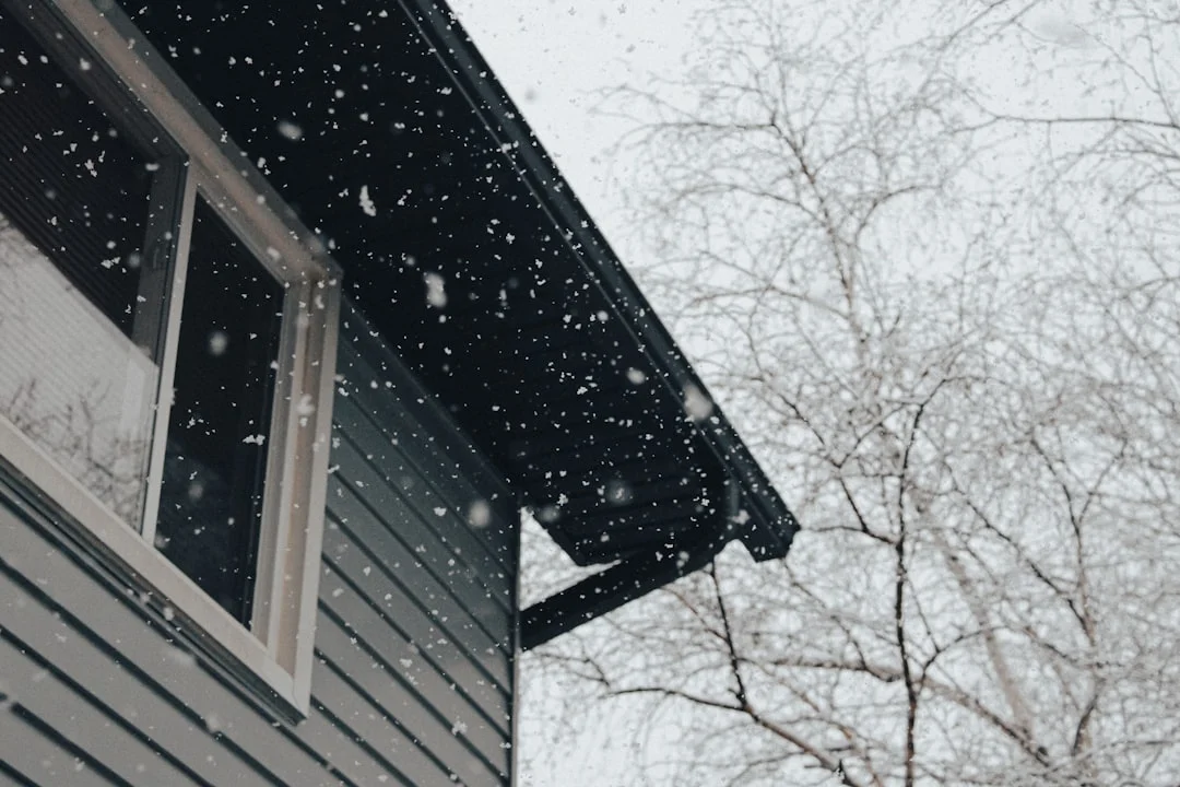 a house with snow falling from the roof